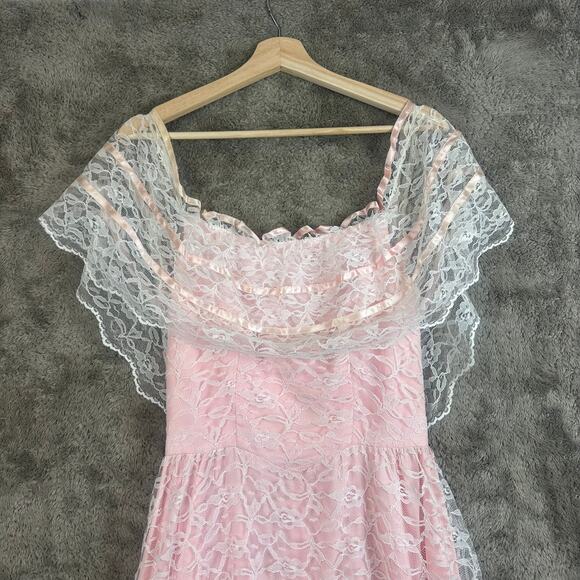 Vintage 80s Pale Pink Lace Off Shoulder Full Skirt Prom Dress Prairie Cottage - Picture 5 of 14